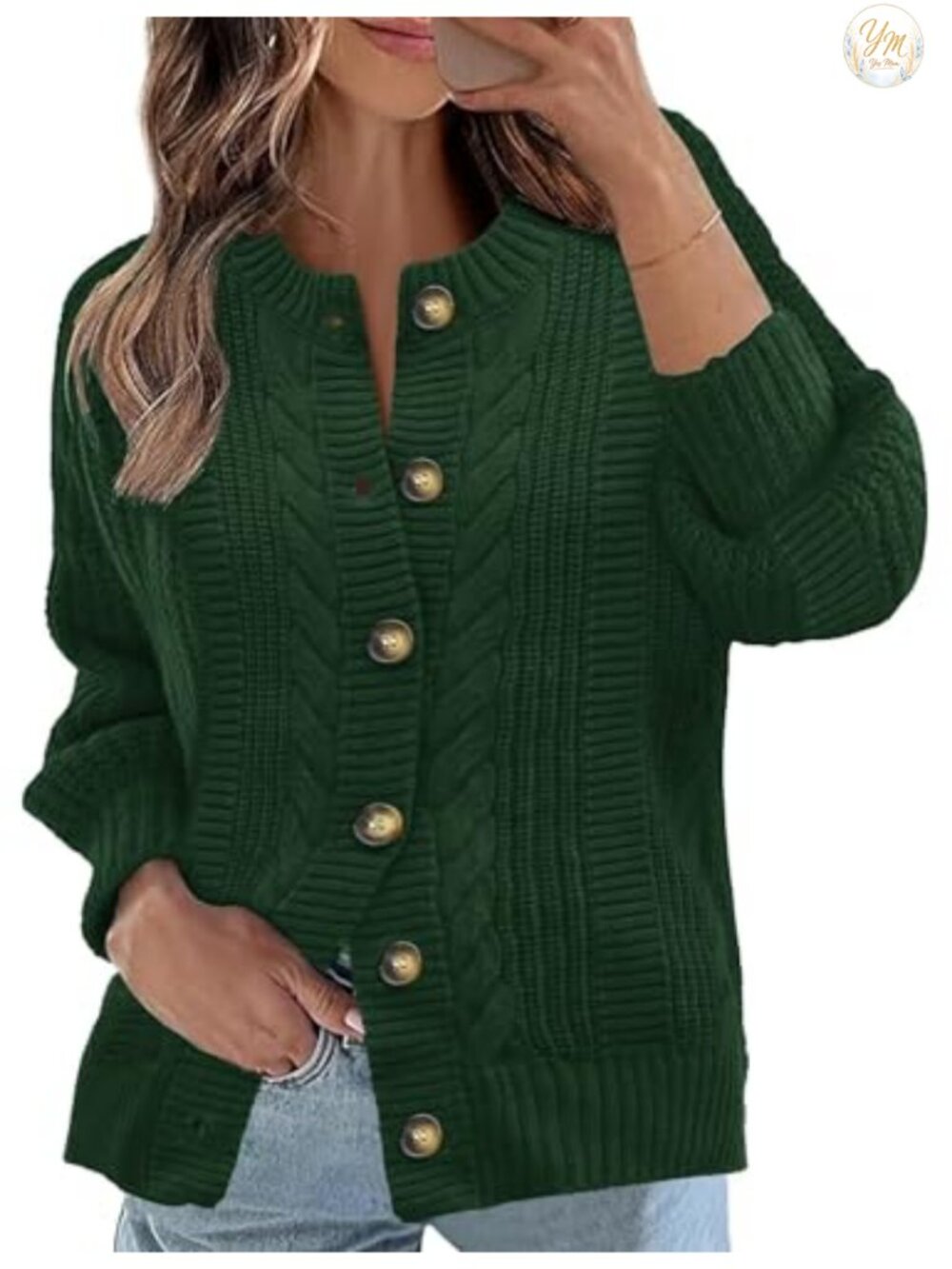 Cable Knit Cardigan Open Front Button Sweater Balloon Sleeve Loose Fit